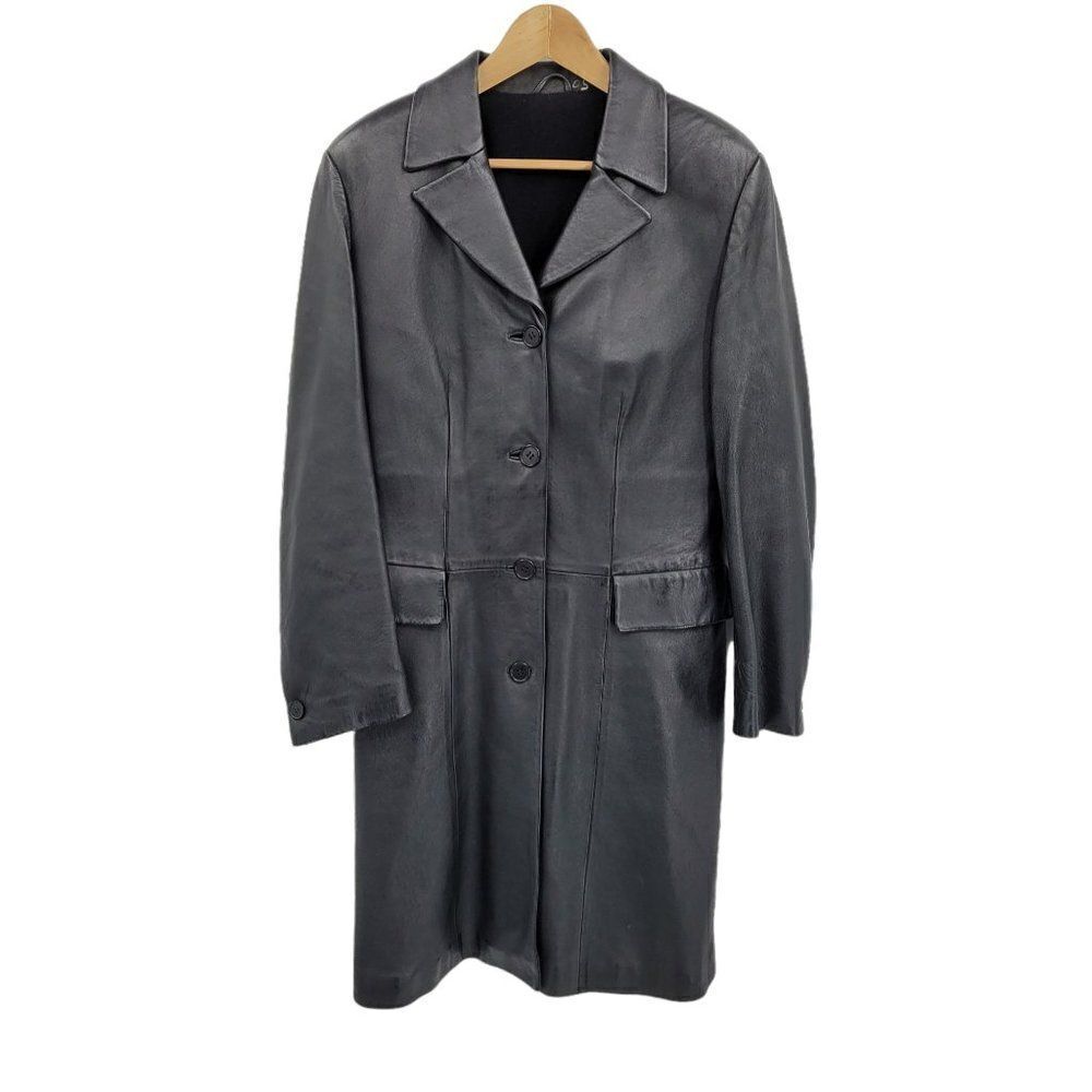 Vtg Trench Coat Faux Leather‎ Wool Lined Longline Pockets Matrix Coplay Blk Sz S
